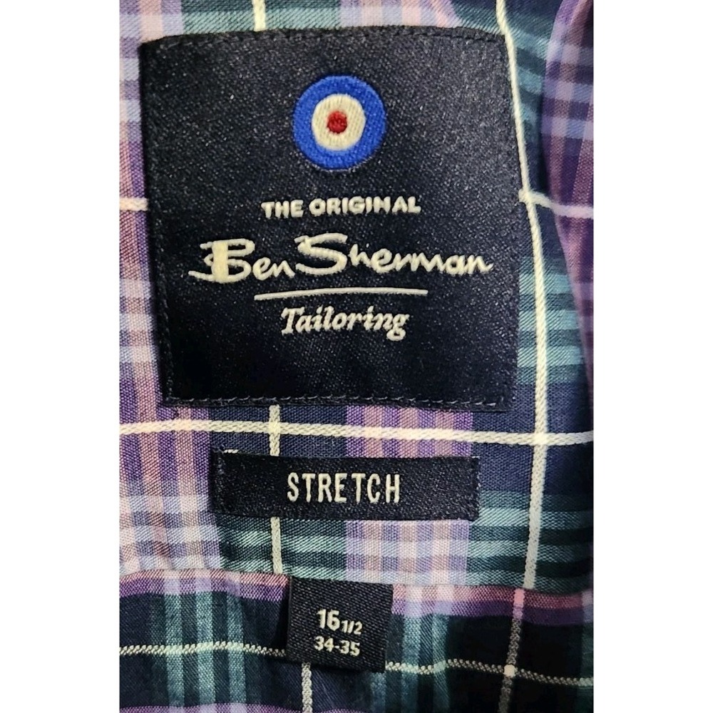 Ben Sherman Men's 16 1/2 34-35 LS Shirt Stretch Button Up Blue Purple Plaid EUC! - Picture 4 of 8